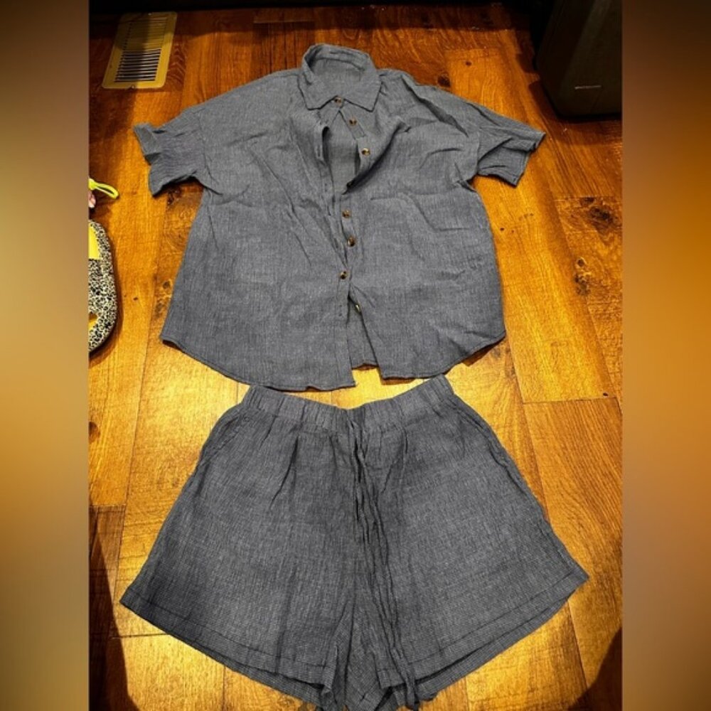 Blue Button-Up Shirt and Shorts Set